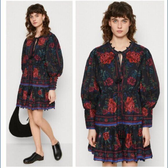 FARM Rio Dresses & Skirts - FARM Rio Mini Dress S Black Flower Tapestry Teal Floral Cottagecore Summer